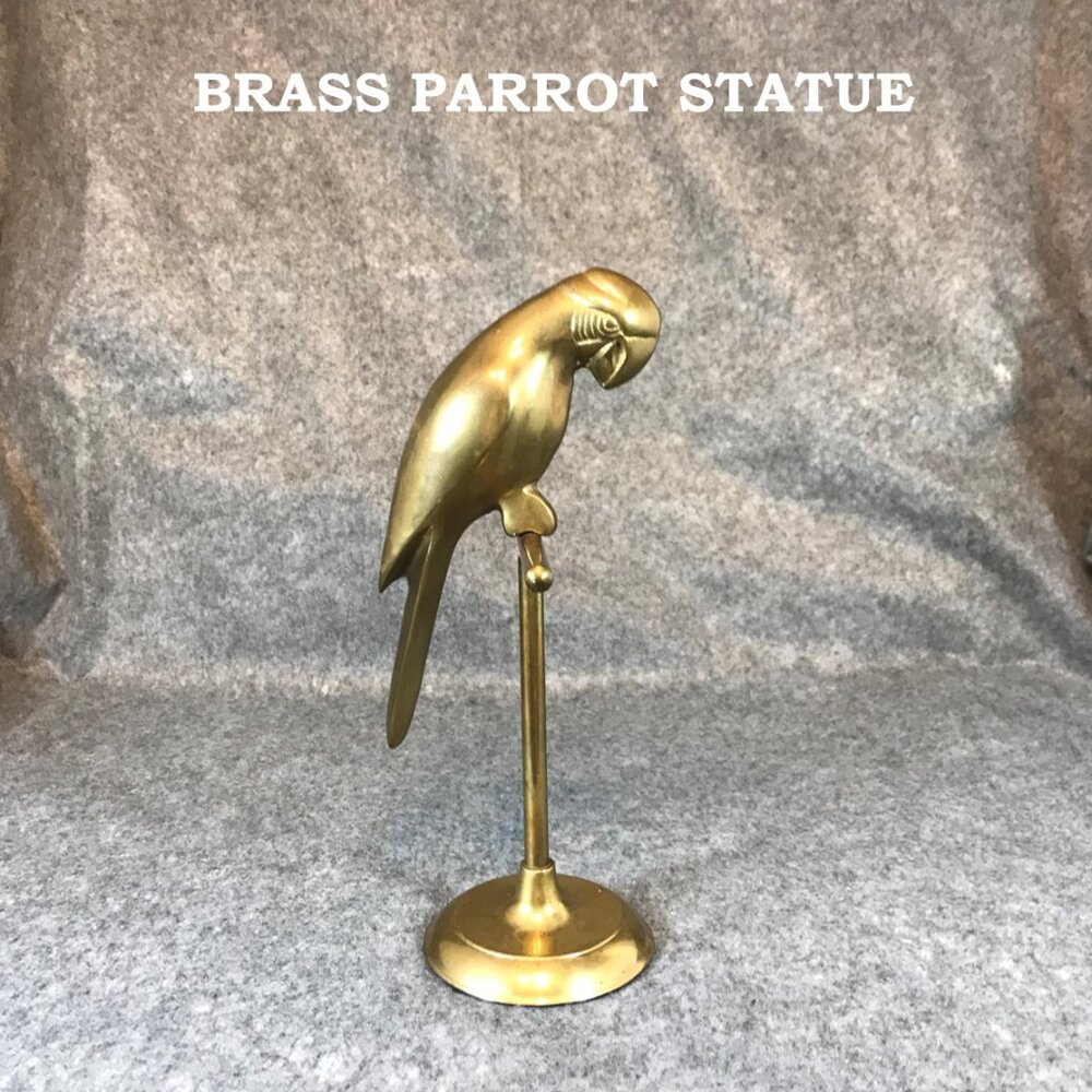 Vintage Brass Parrot on Stand Perch 11" Table Top Décor Statue